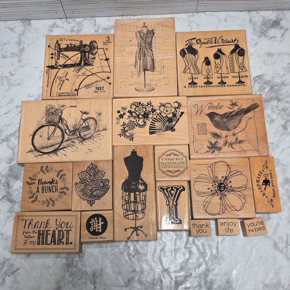 Wood Mounted Rubber Stamp Lot 19 Inkadinkado Stampendous Sewing Floral Thank You